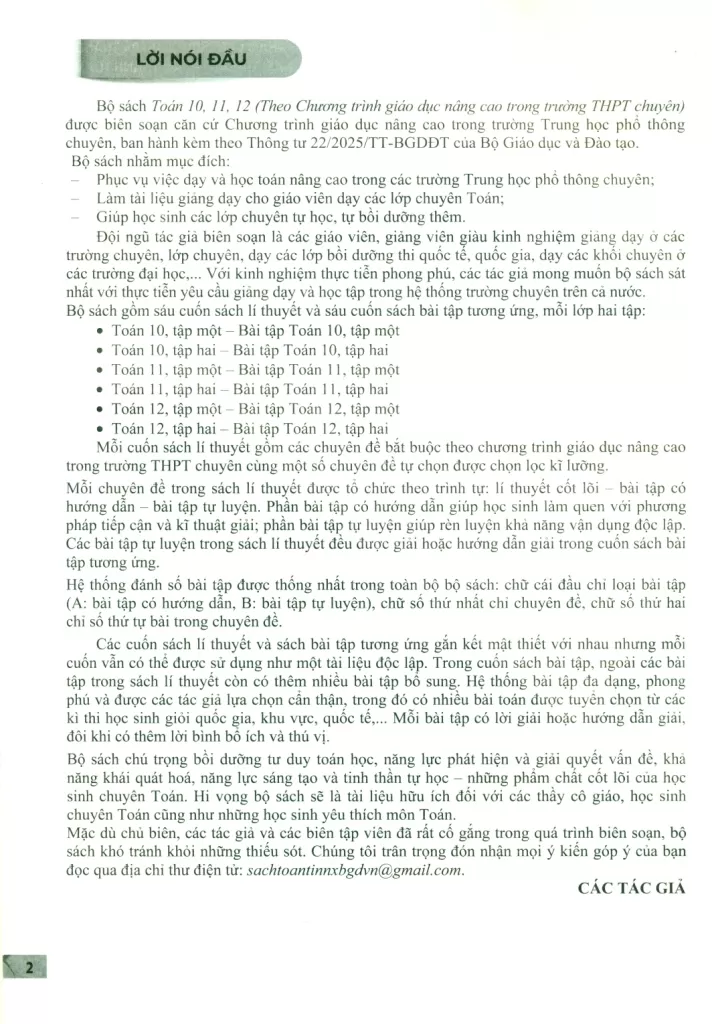 TOÁN 12 - TẬP MỘT (Theo chương trình giáo dục nâng cao trong trường THPT chuyên)